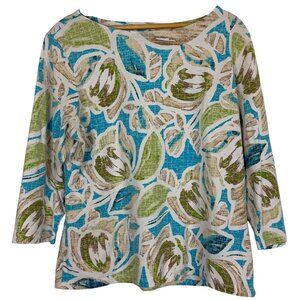 Lark Lane Boat Neck Tropical Knit Pullover Top Sz Large 3/4 Sleeve Blue Green